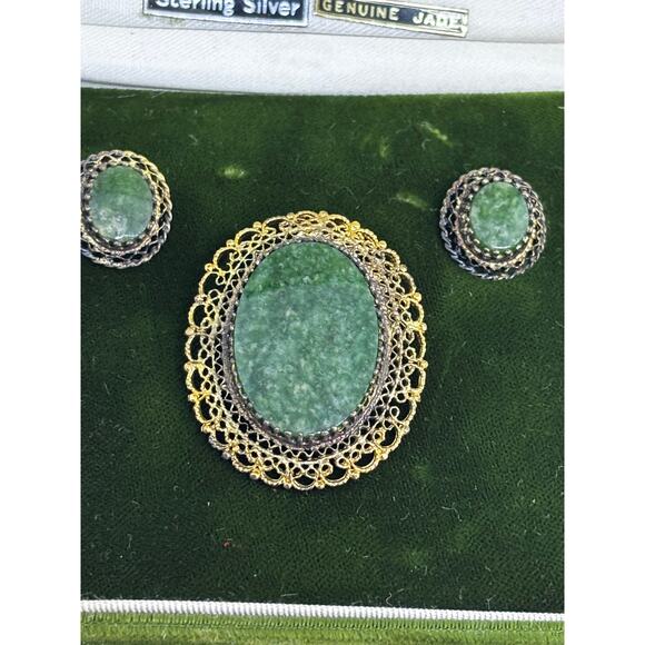 Sterling Signed K.L. Karen Lynne Celadon Jade Stone Filigree Brooch/Earring Set - Picture 9 of 10